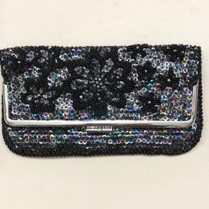 Rare Vintage Clutch Black/Blue Beaded Kiss Lock Purse